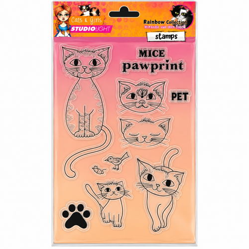 Studio Light Cats & Girls Rainbow Collection 'Mice pawprint' clear stamps in retail packaging, featuring black line art cat illustrations and a black pawprint on a pink-to-peach gradient backing card.