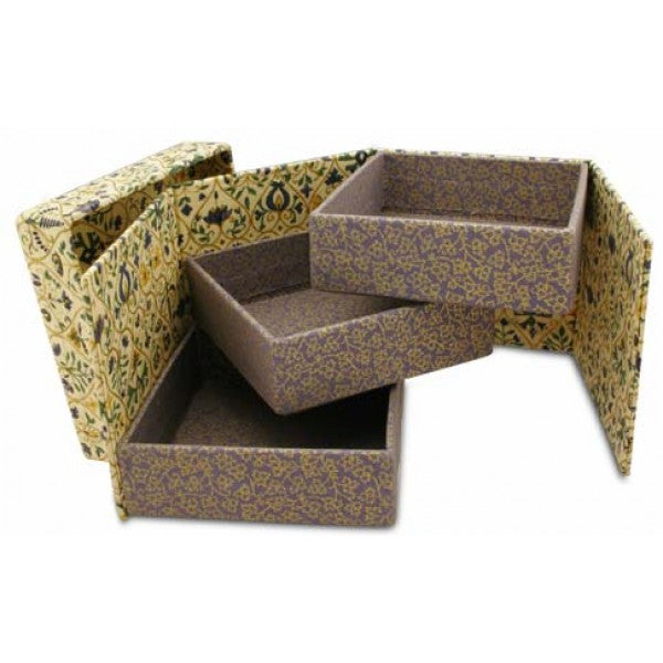 A set of three nested rectangular storage boxes with a brown base and a gold and green ornate patterned lid, shown open on a white background.