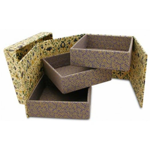 A set of three nested rectangular storage boxes with a brown base and a gold and green ornate patterned lid, shown open on a white background.