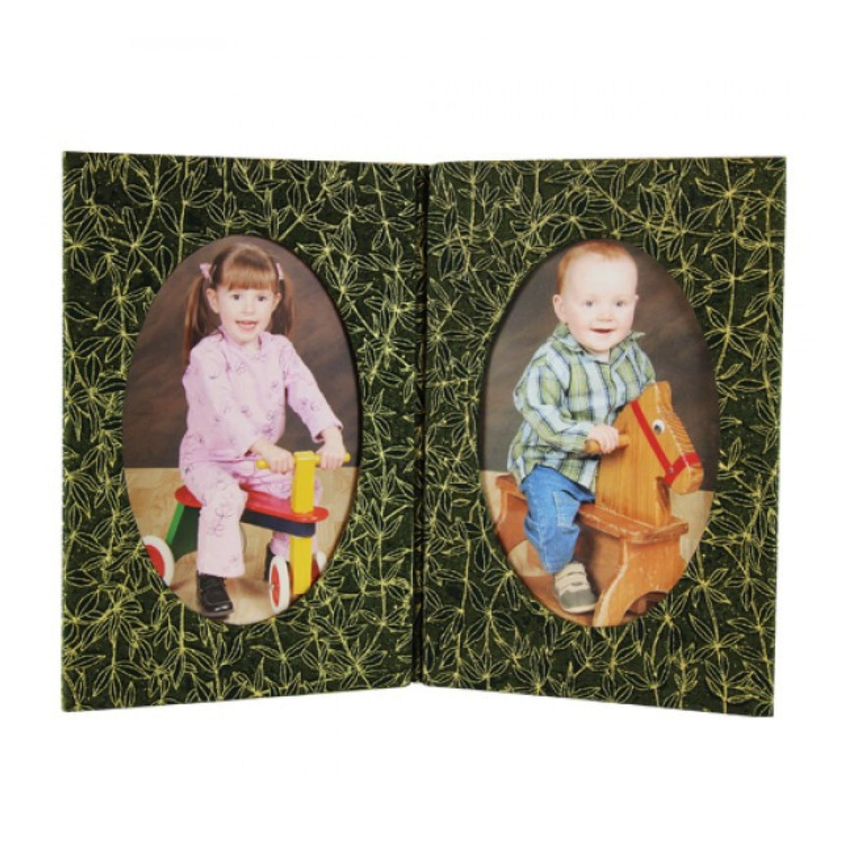Book with two oval pictures of children on rocking horses on a green leafy background.