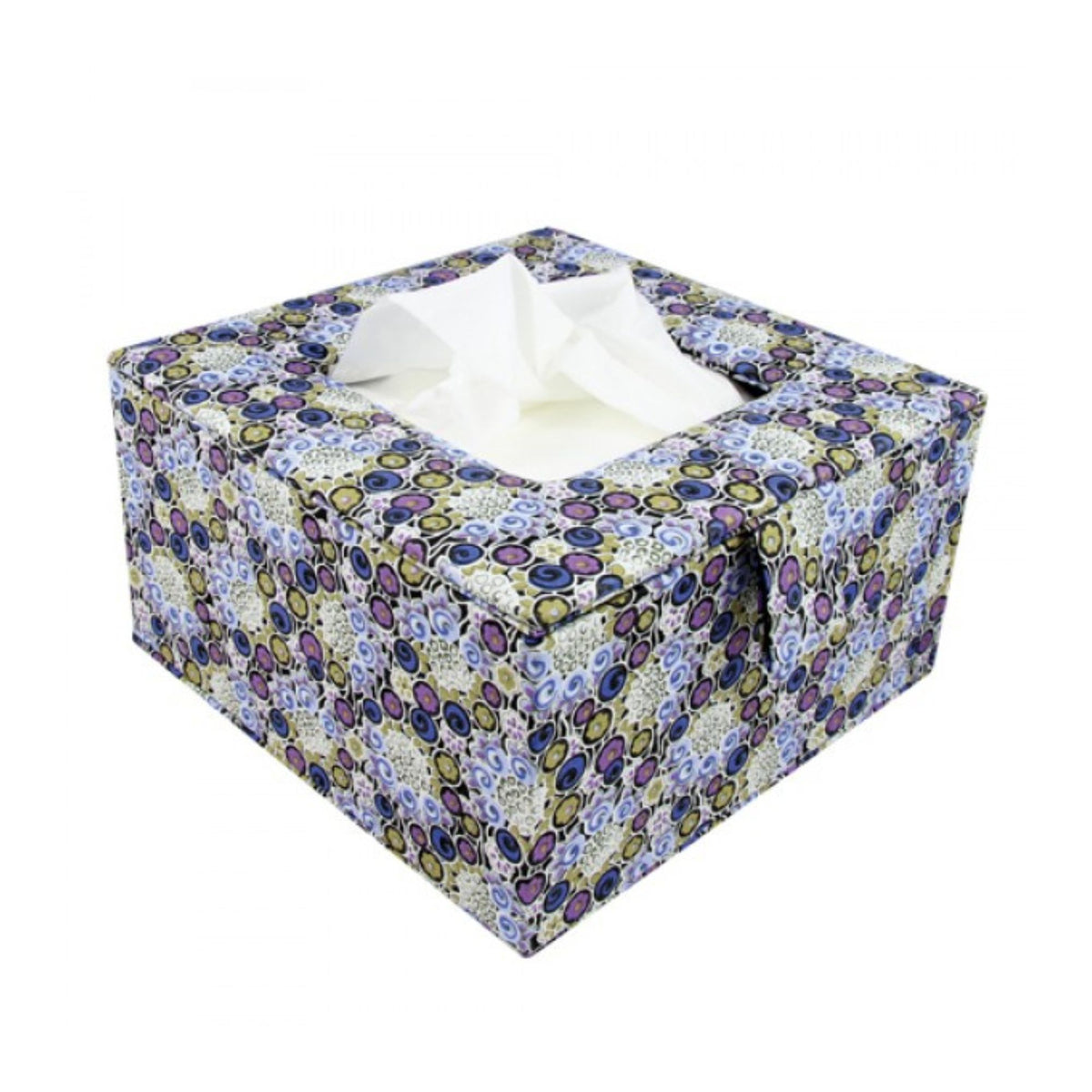 Floral-patterned tissue box with tissues inside on a white background.