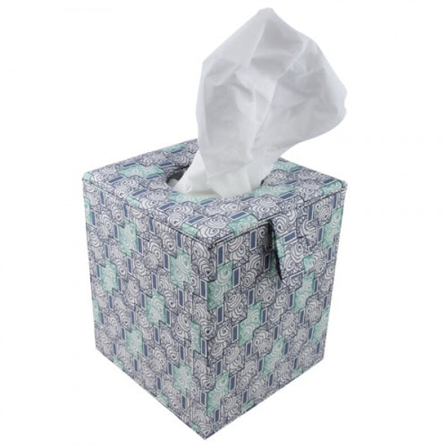 Tissue box with a floral pattern on a white background.