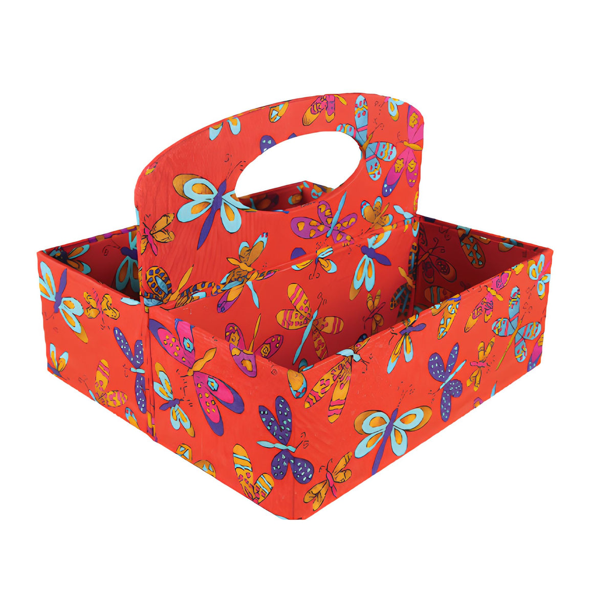 Red fabric caddy with colorful butterfly pattern on a white background.