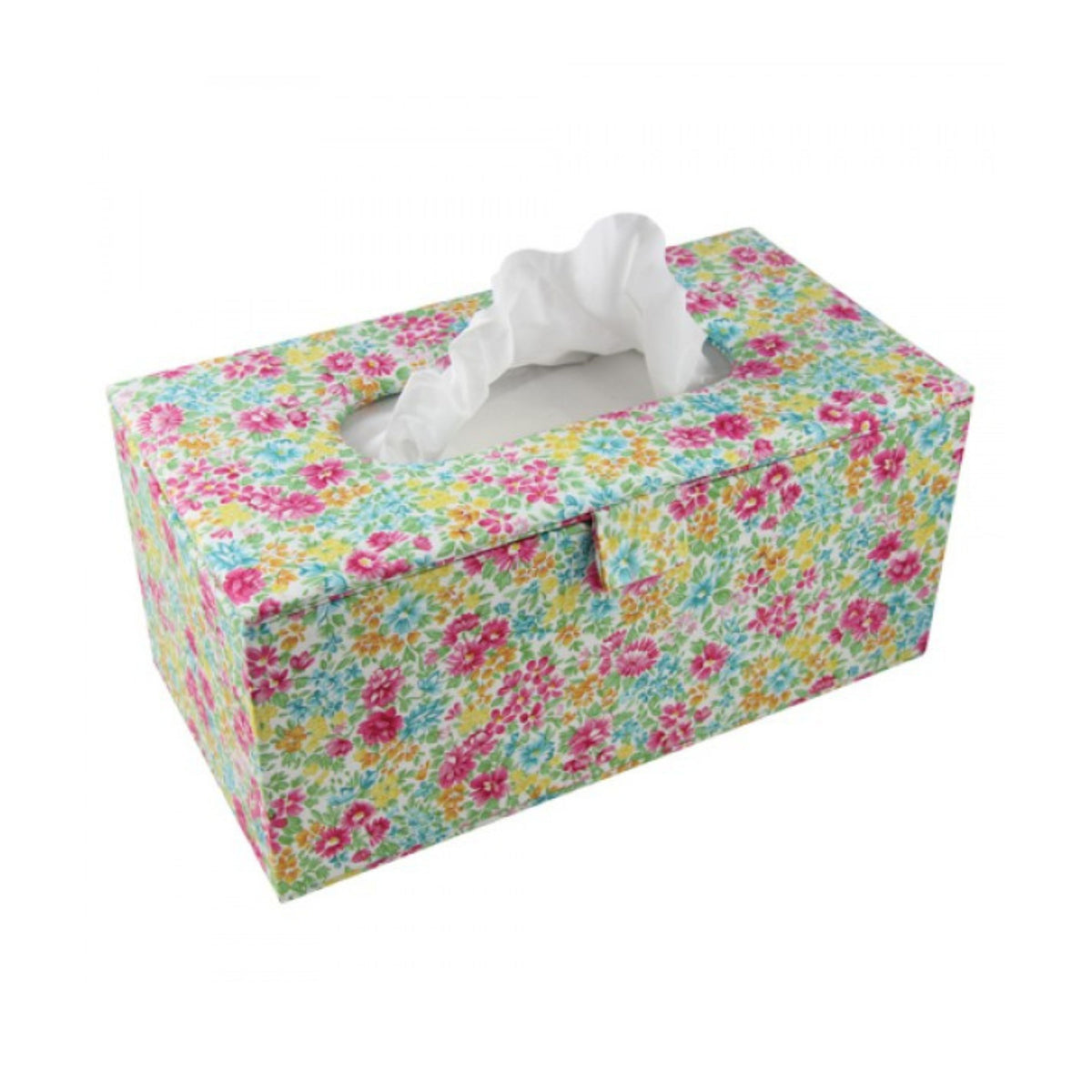 Floral-patterned tissue box with tissues peeking out on a white background.