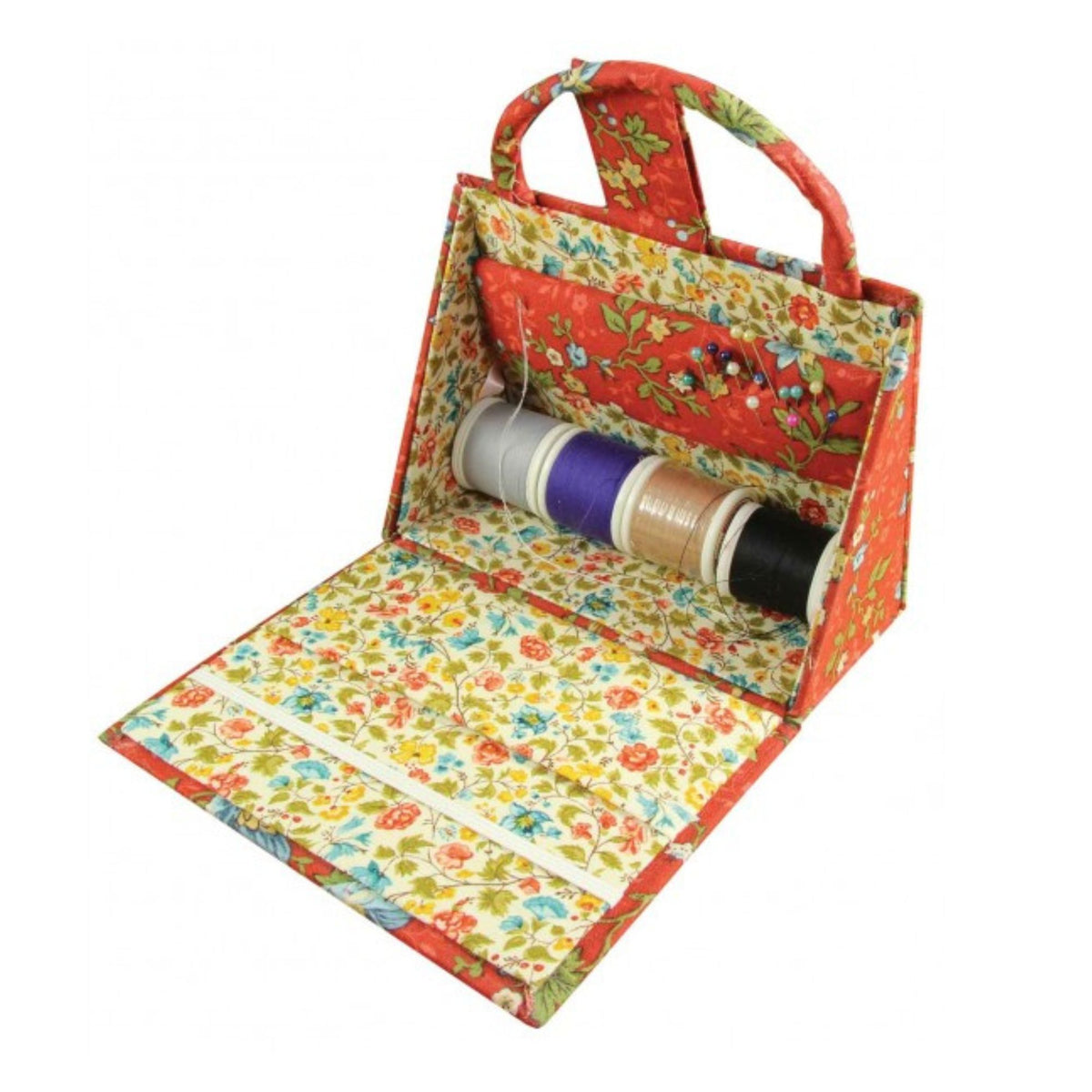 Floral-patterned sewing kit with spools of thread on a white background.