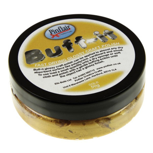 Pinflair Buff-it craft polish container with black lid on a white background.
