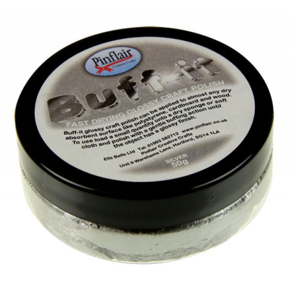 Pinflair Buff-it craft polish container with black lid on a white background.