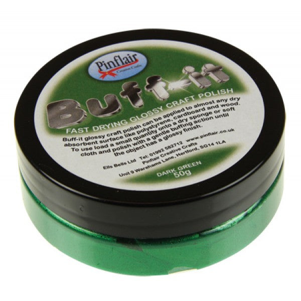Pinflair Buff-it craft polish container with black lid on a white background.