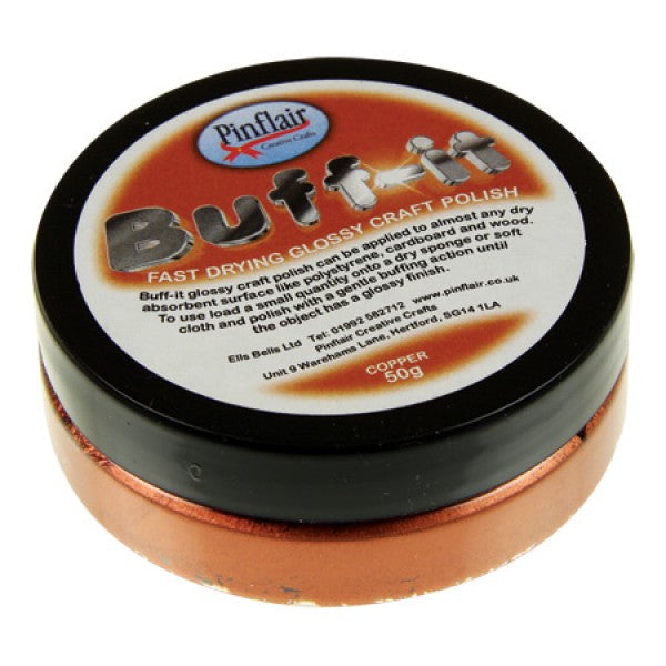 Pinflair Buff-it craft polish container with black lid on a white background.