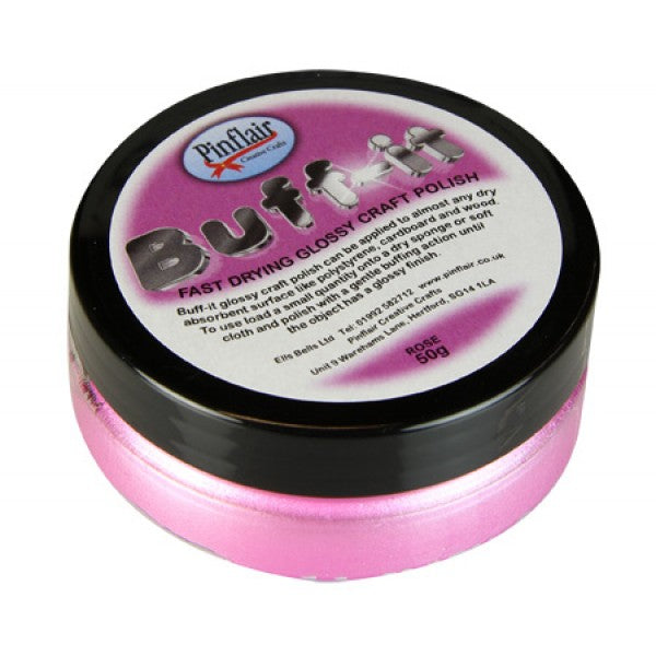 Pinflair Buff-it craft polish container with black lid on a white background.