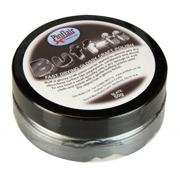 Pinflair Buff-it craft polish container with black lid on a white background.