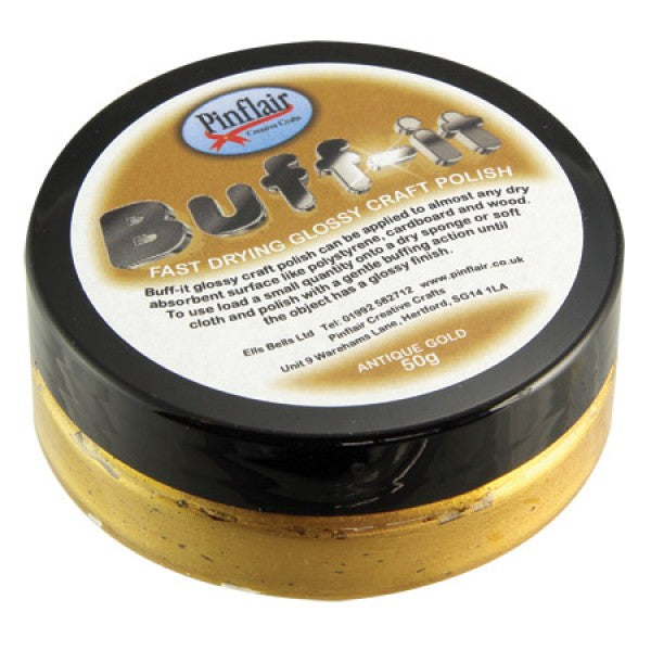Pinflair Buff-it craft polish container with black lid on a white background.
