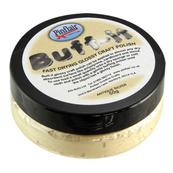 Pinflair Buff-it craft polish container with black lid on a white background.