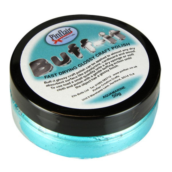 Pinflair Buff-it craft polish container with black lid on a white background.