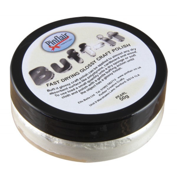 Pinflair Buff-it craft polish container with black lid on a white background.