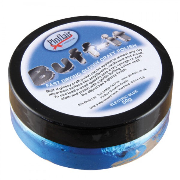 Pinflair Buff-it craft polish container with black lid on a white background.