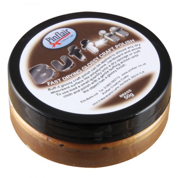 Pinflair Buff-it craft polish container with black lid on a white background.