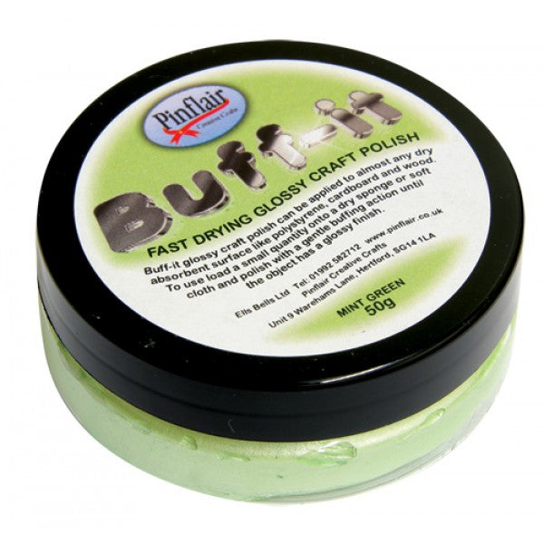 Pinflair Buff-it craft polish container with black lid on a white background.