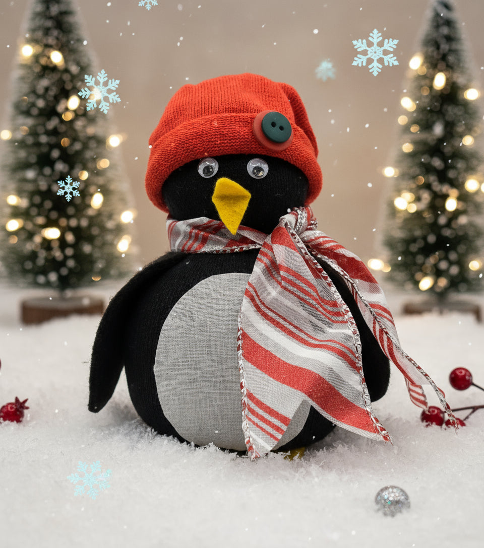 Decorative penguin with a red hat and striped scarf in a snowy scene with Christmas trees.