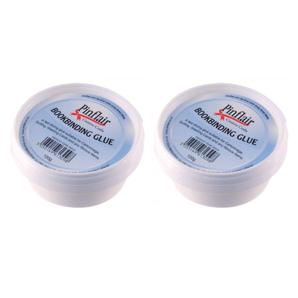 Two containers of Pinflair Bookbinding Glue on a white background.