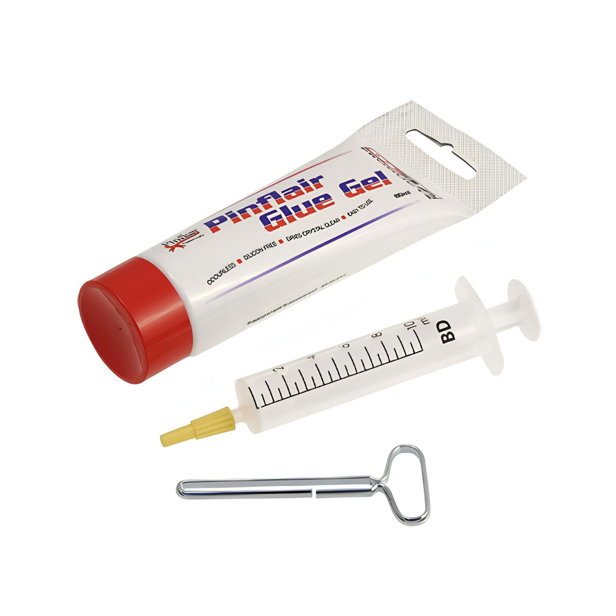 Pinflair Glue Gel tube with syringe and tool on a white background.