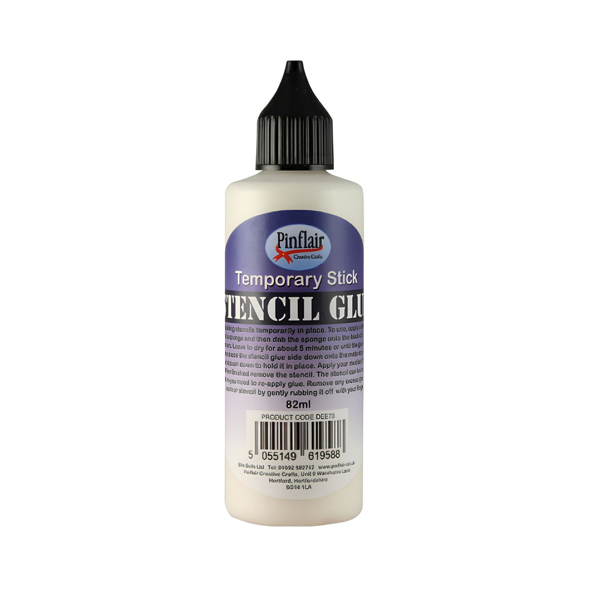 Bottle of Pinflair Temporary Stick Stencil Glue on a white background.
