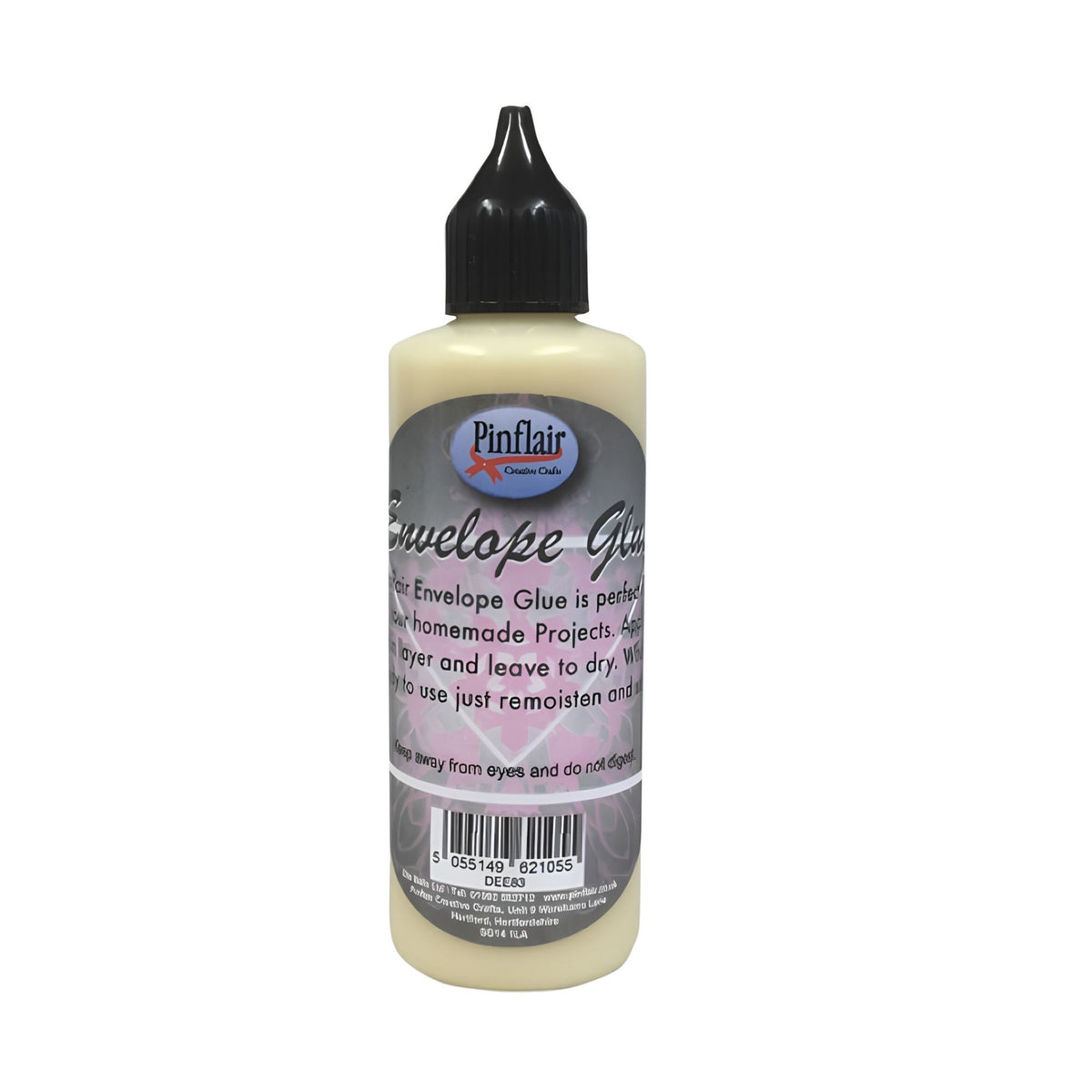 Bottle of Pinflair Envelope Glue on a white background.