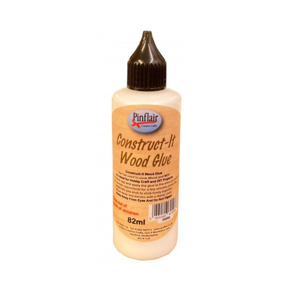 Bottle of Pinflair Construct-It Wood Glue on a white background.