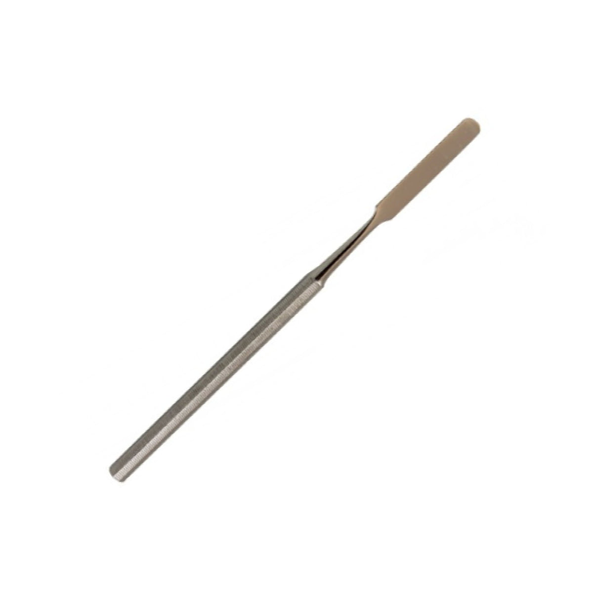 Metal rod with a beige handle on a white background.